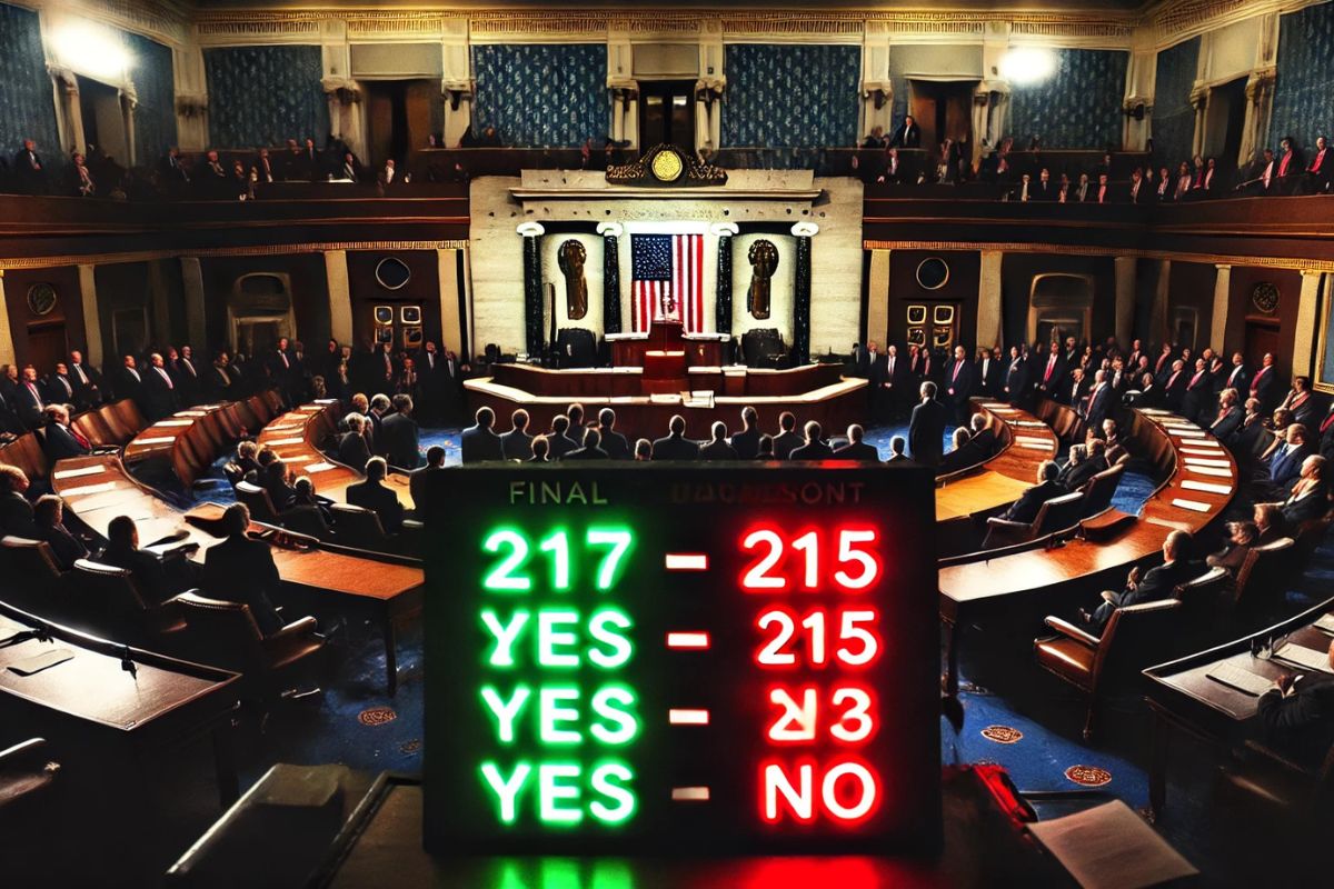 A dramatic photograph of the House of Representatives vote tally board displaying 217 green ‘yes’ votes and 215 red ‘no’ votes for the GOP budget framework. The board is brightly lit, set against a dimly lit chamber with out-of-focus lawmakers in the background and a faint silhouette of the U.S. Capitol dome.