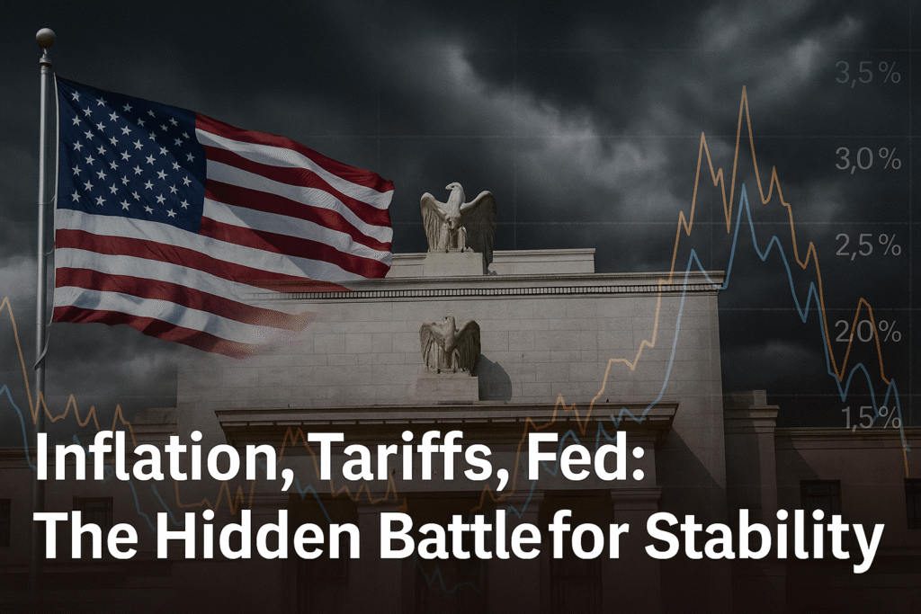 Inflation tariffs Fed policy impact visualized with U.S. flag and Federal Reserve building