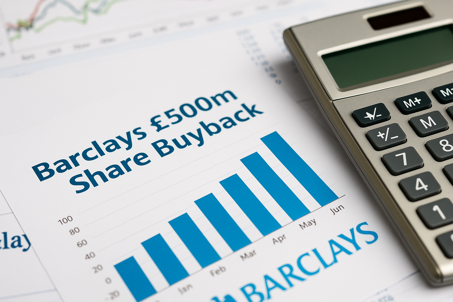 Financial report showing Barclays £500m share buyback with calculator.