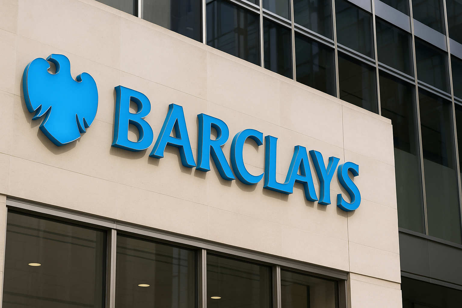 Barclays blue logo on modern office building representing financial recovery in 2025.