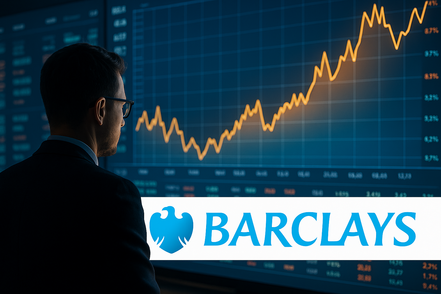 Barclays analyst monitoring market charts with rising profit trends in 2025.
