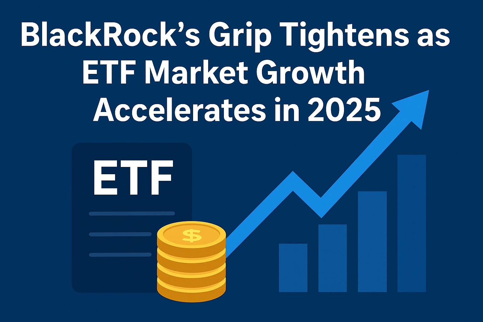 BlackRock’s dominance in the ETF market illustrated with rising bar graphs, gold coins, and upward arrow symbolizing 2025 market growth.