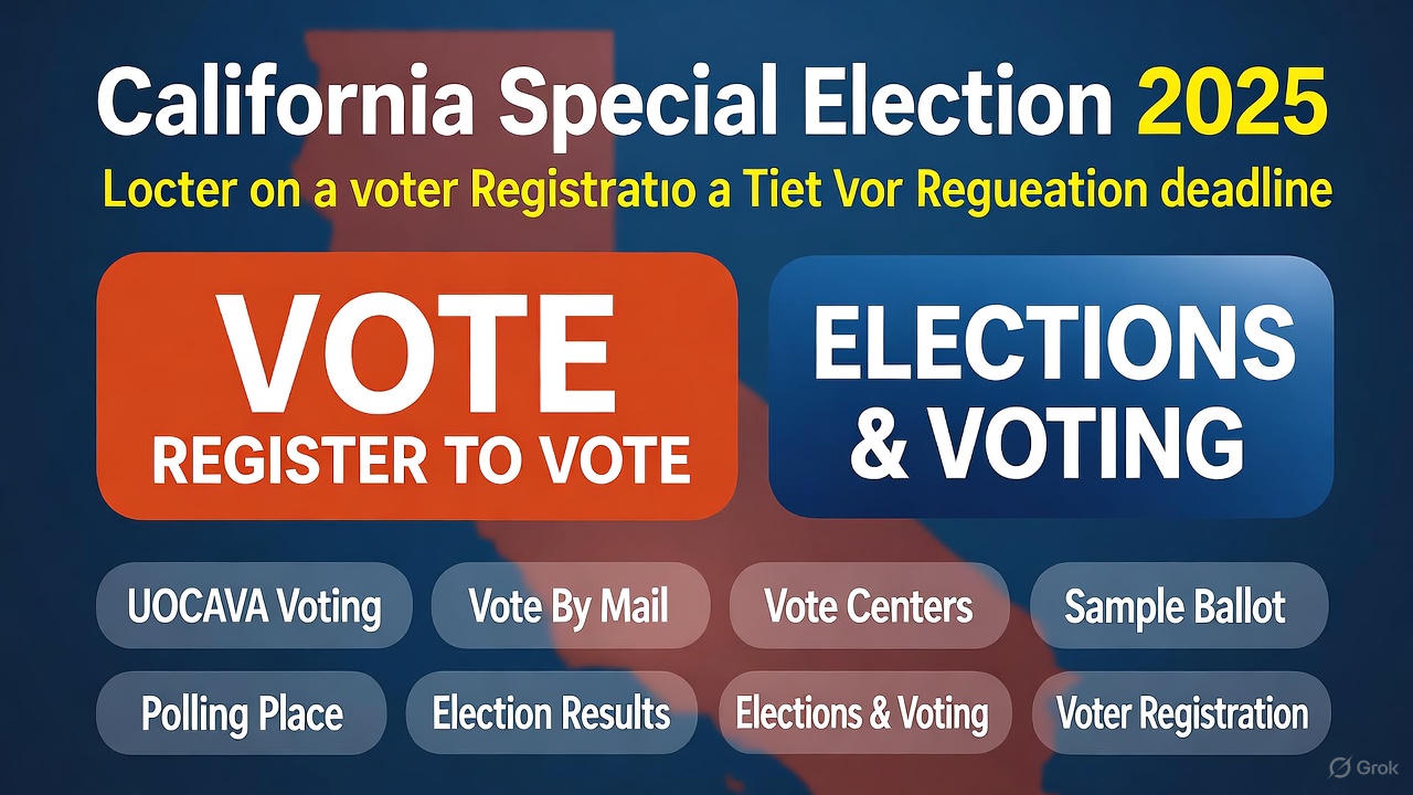 A vibrant graphic for the California Special Election 2025, featuring a blue background with a map outline, an orange "VOTE REGISTER TO VOTE" button, a blue "ELECTIONS & VOTING" button, and additional voting options like UOCAVA Voting, Vote By Mail, and Sample Ballot.