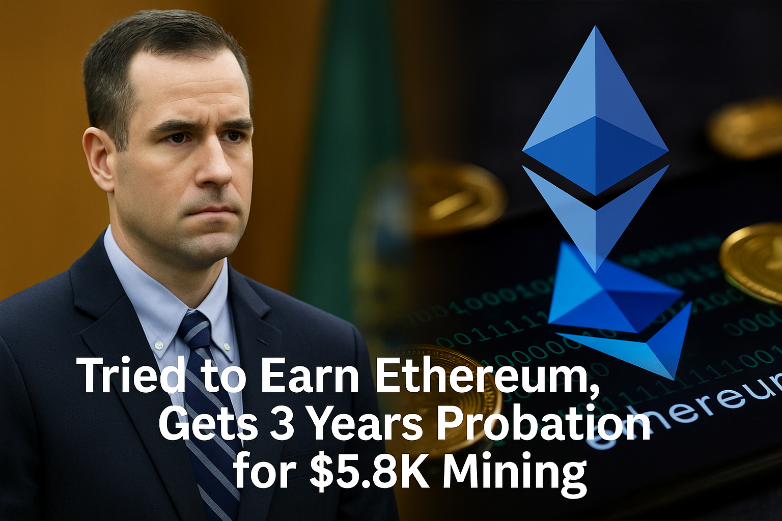 Man in courtroom with Ethereum logo symbolizing crypto mining probation case.