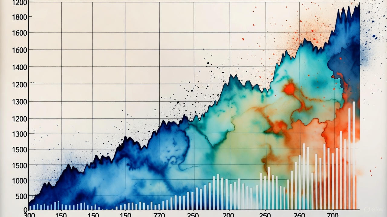 Watercolor illustration of a soaring stock chart symbolizing financial growth and market trends.