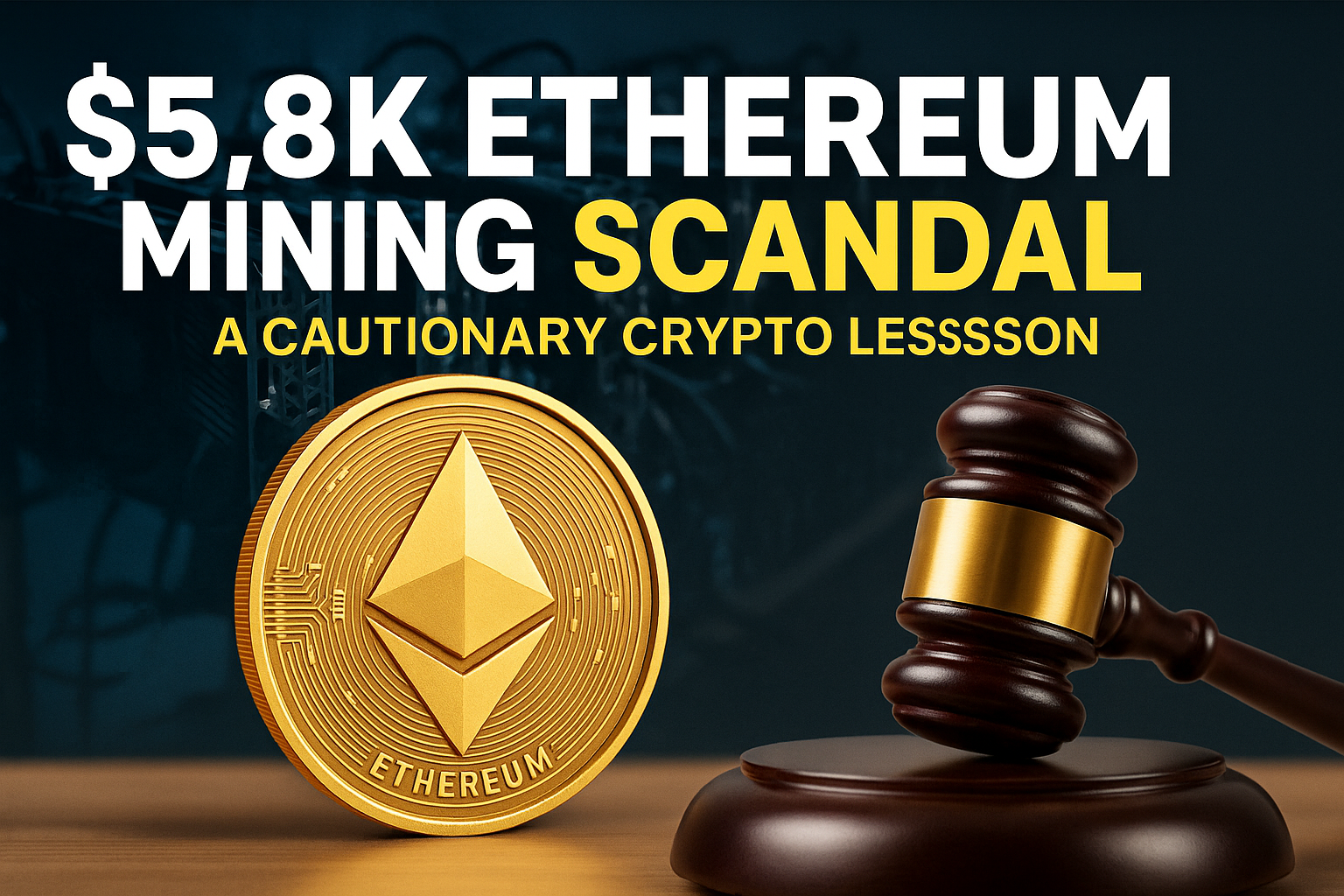 Ethereum coin and judge’s gavel symbolizing $5.8K crypto mining scandal.