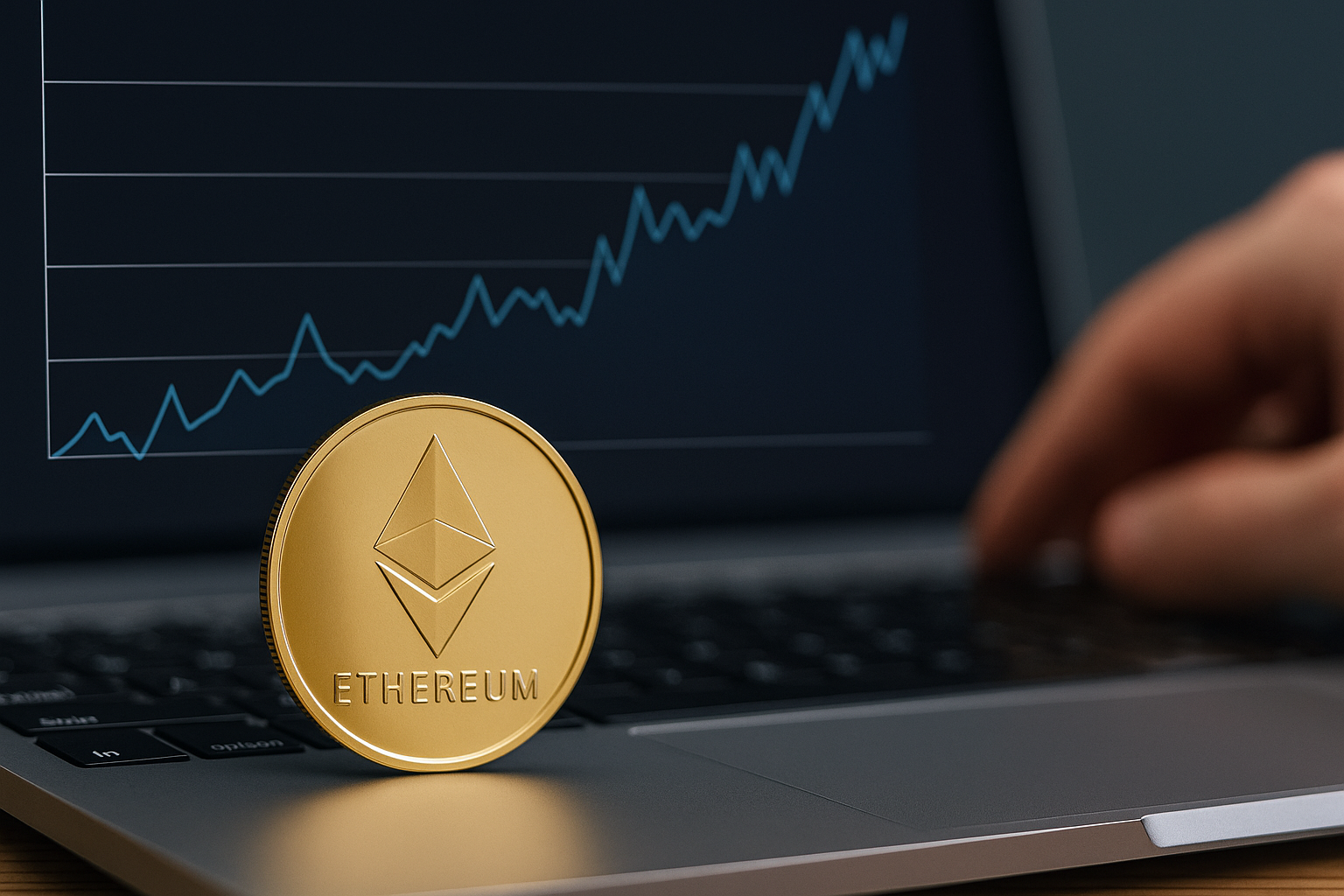 Ethereum coin in front of a laptop screen showing a rising price graph.