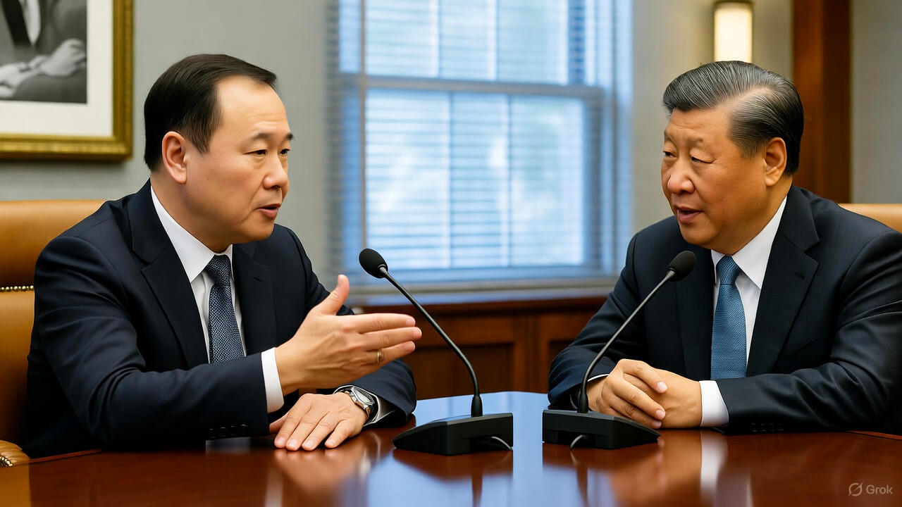 U.S. Treasury Secretary Scott Bessent and Chinese Vice Premier He Lifeng seated at a conference table, engaged in bilateral trade discussions amid global tariff tensions; formal setting with microphones, flags, and a city skyline view, symbolizing US-China economic diplomacy in 2025.