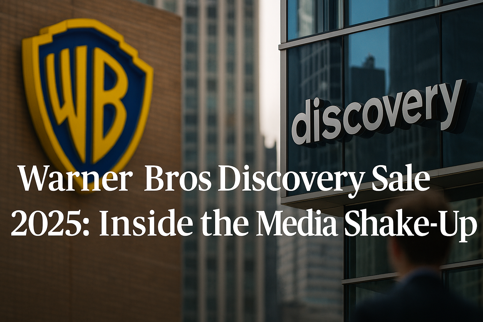 Warner Bros and Discovery logos on city buildings symbolizing the 2025 media shake-up.