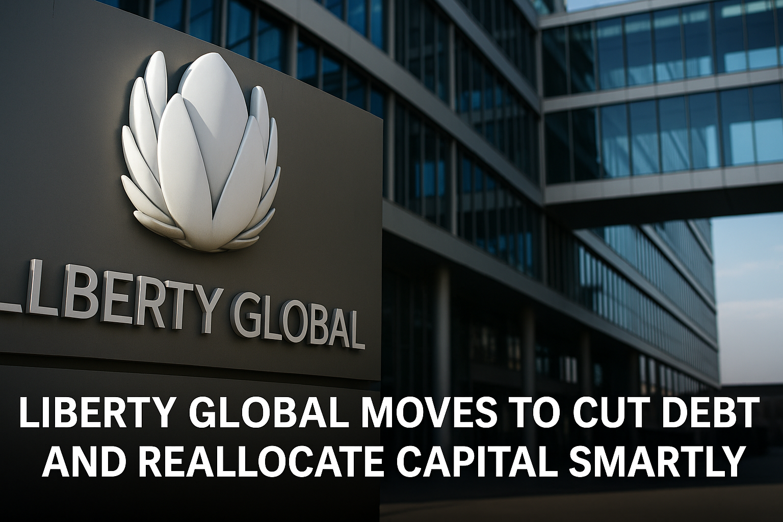 Liberty Global headquarters exterior with modern glass design and company logo.