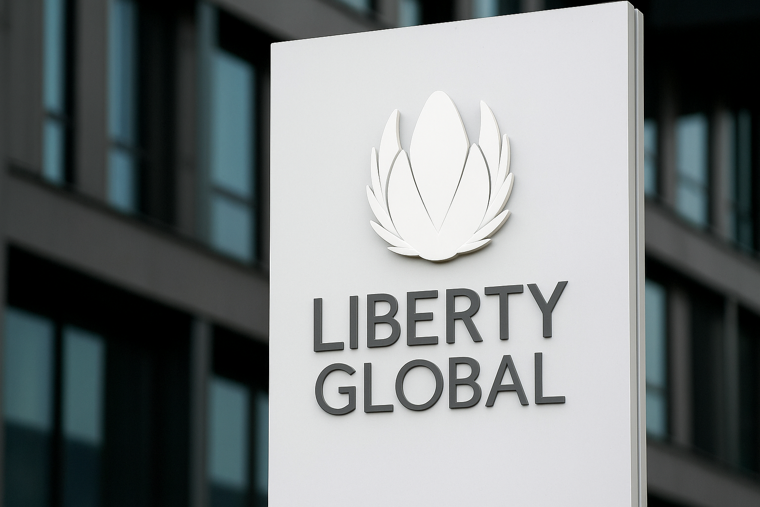 Liberty Global logo sign outside corporate headquarters building.