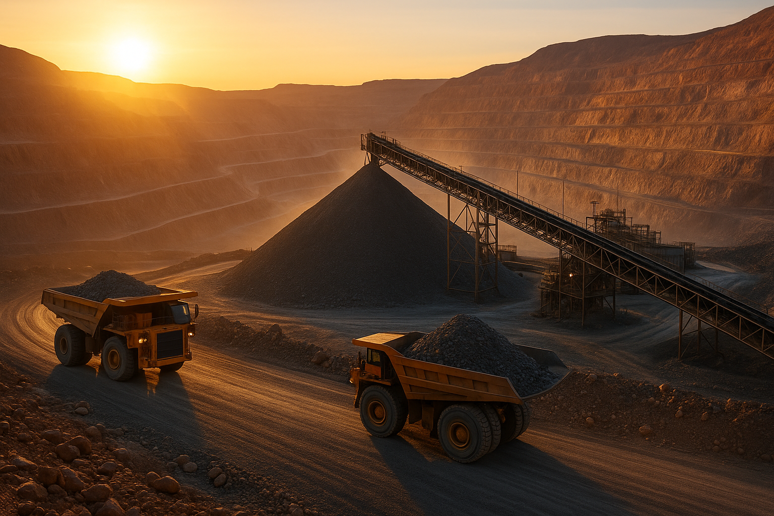 Copper mine at sunrise showing trucks and conveyor belts in operation.