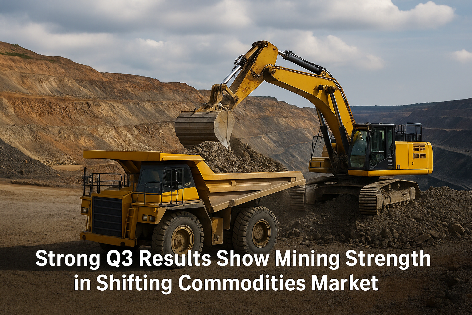 Open-pit mine with excavator loading dump truck under clear sky during Q3 operations.