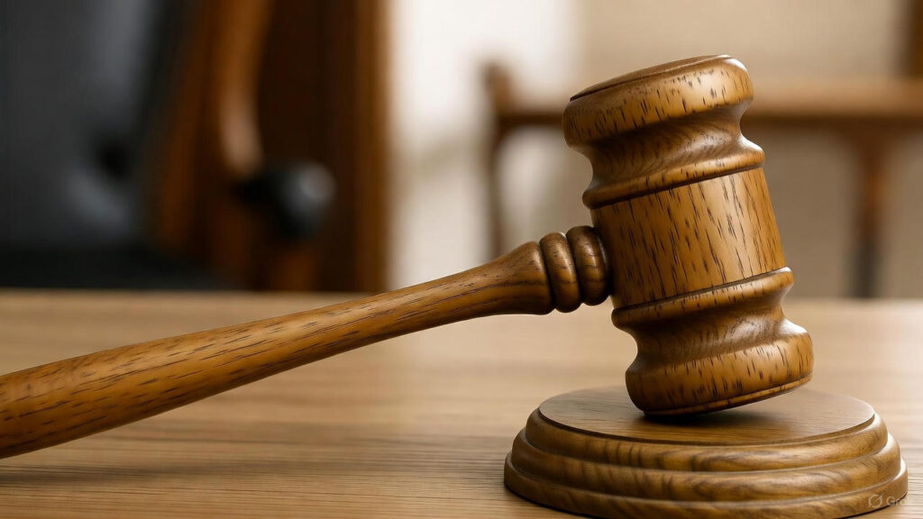 Wooden court hammer on a desk symbolizing the 2025 US court ruling banning NSO Group from targeting WhatsApp.