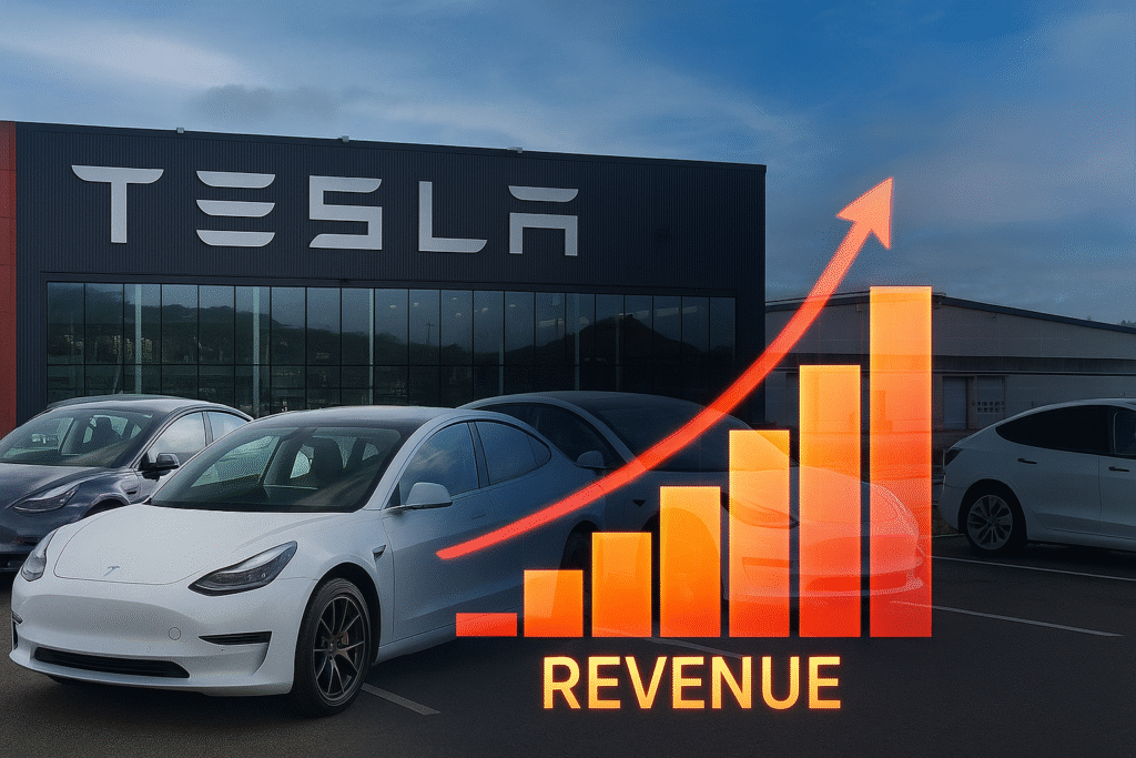 Tesla Q3 2025 revenue surge visual showing Gigafactory, cars, and rising chart.
