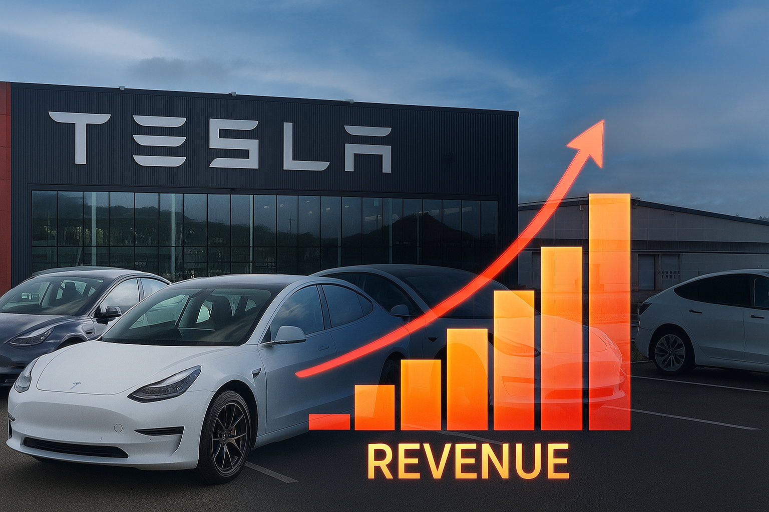 Tesla Q3 2025 revenue surge visual showing Gigafactory, cars, and rising chart.