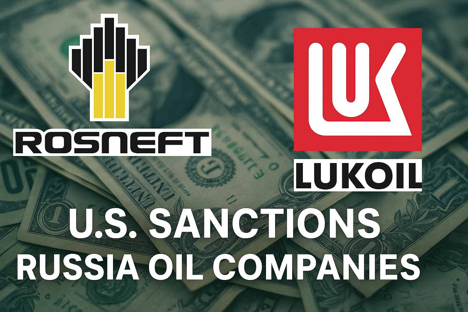 US sanctions Russia oil companies 2025 with Rosneft and Lukoil logos under red sanction alert.