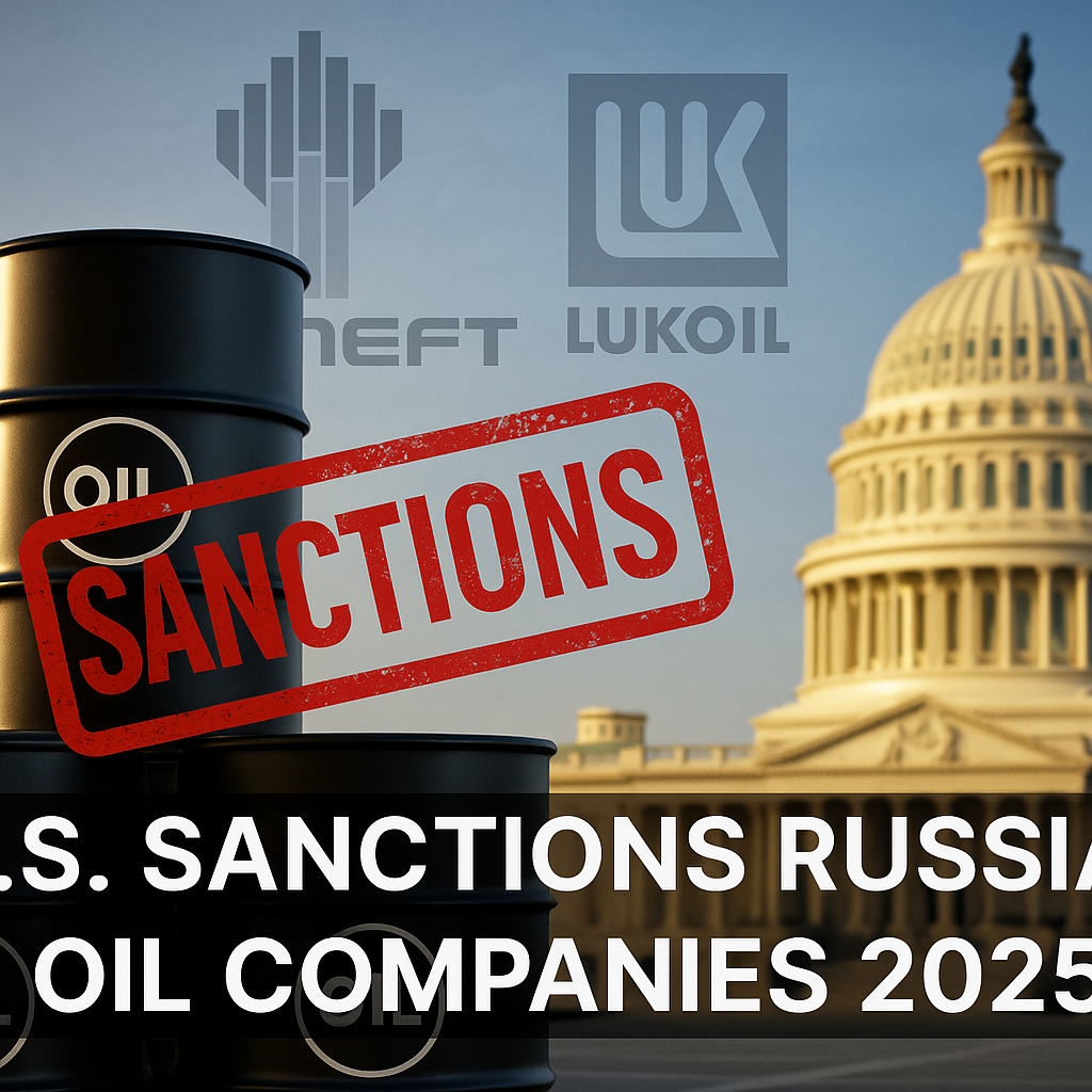 US sanctions Russia oil companies 2025 showing Capitol, Rosneft, Lukoil, and oil barrels marked with sanctions.