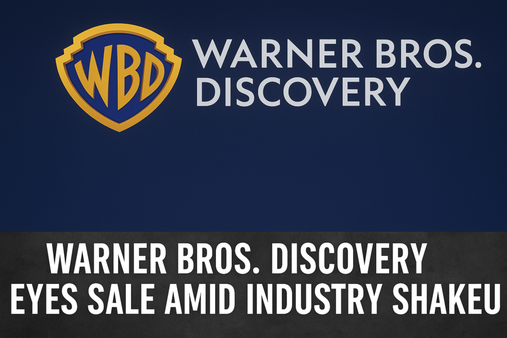 Warner Bros. Discovery logo with headline about potential sale amid industry shake-up.