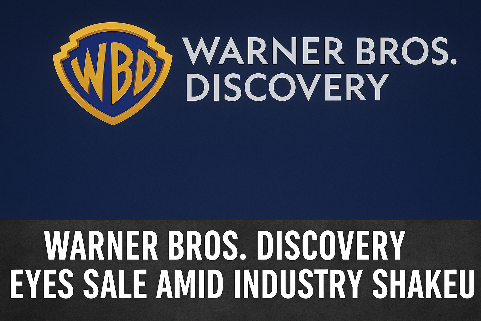 Warner Bros. Discovery logo with headline about potential sale amid industry shake-up.