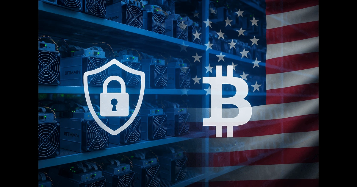 Rows of crypto-mining equipment with a digital security shield and the U.S. flag on top of them, showing that the government is watching them closely.