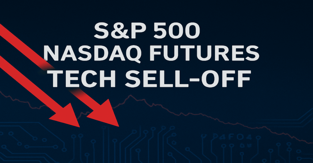 Red arrows over a circuit-board background show that the S&P 500 and Nasdaq stock indexes are going down.