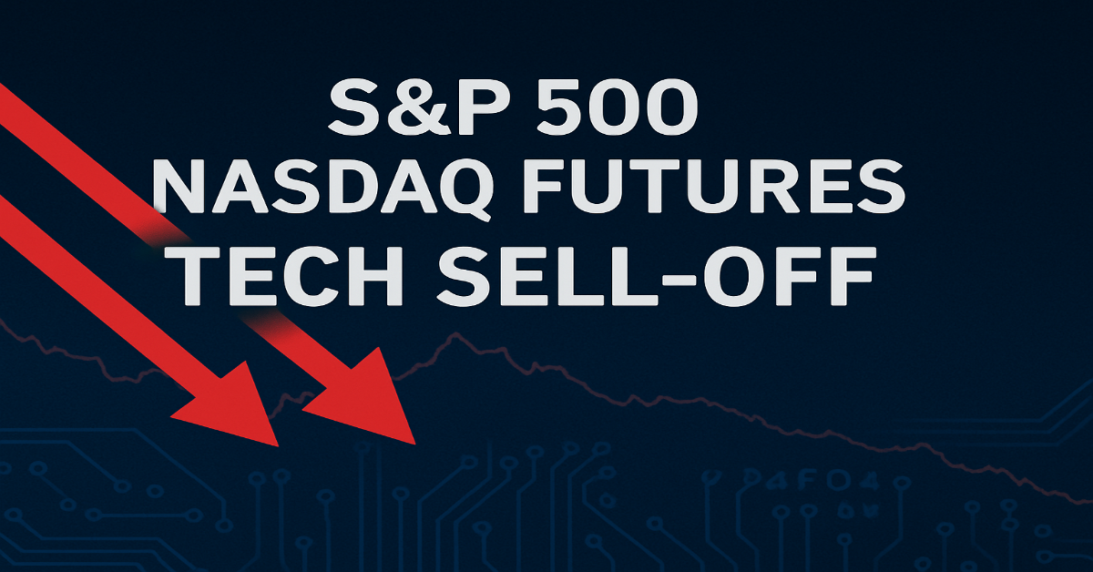 Red arrows over a circuit-board background show that the S&P 500 and Nasdaq stock indexes are going down.