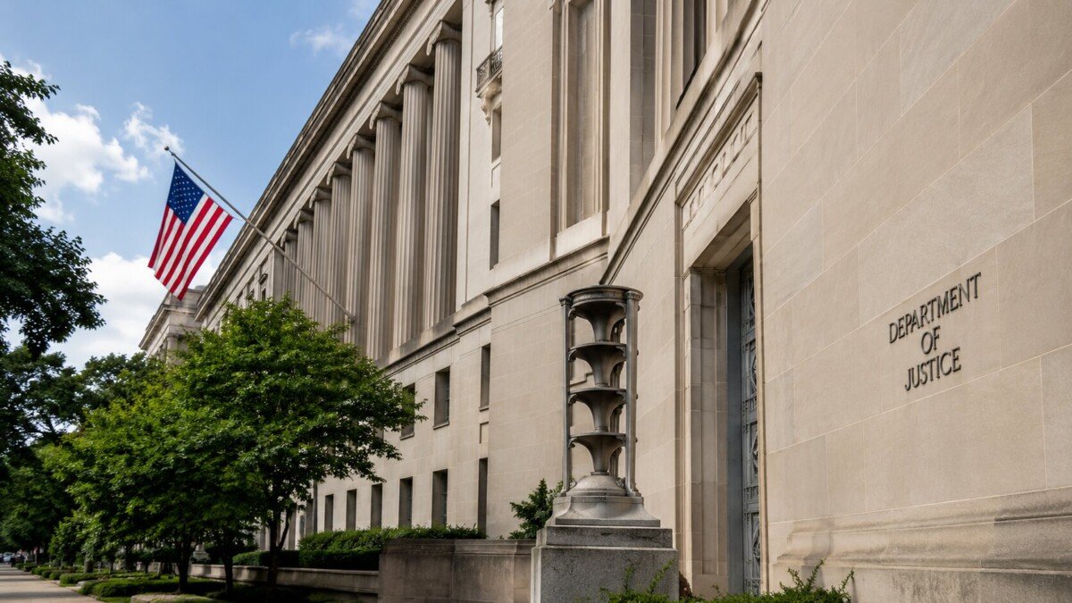 The U.S. Department of Justice building in Washington, D.C., amid controversy over settlement payouts and the Todd Blanche confirmation