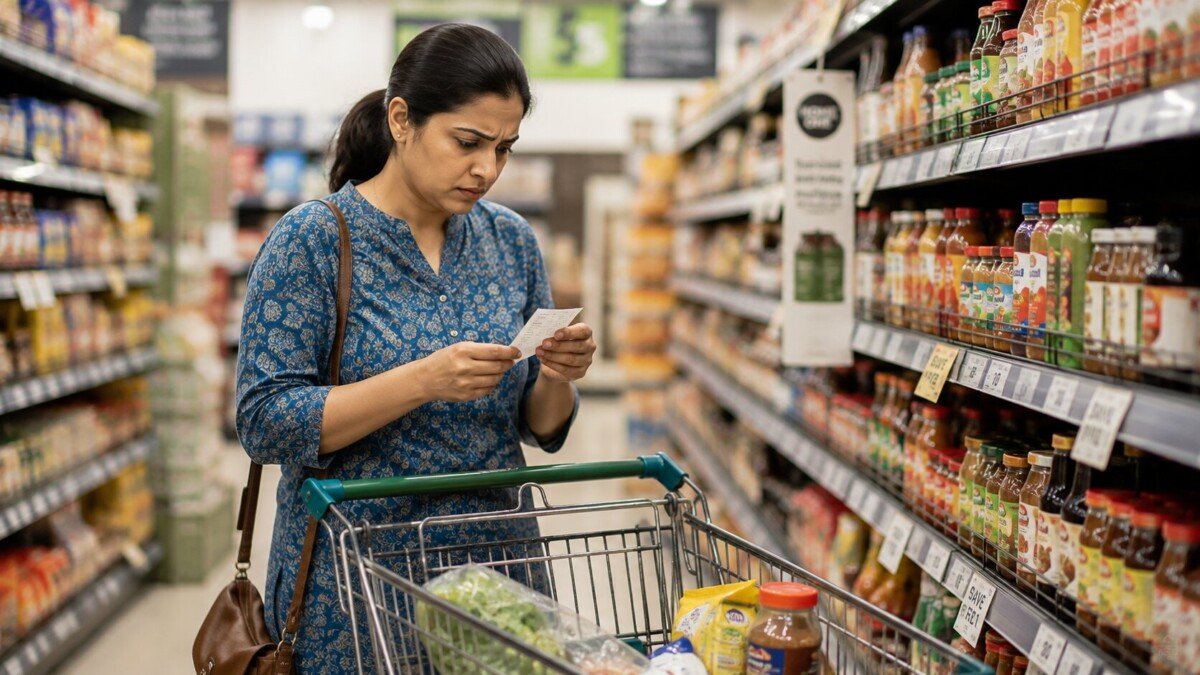 A shopper reviewing grocery prices at the store as US household debt reaches a record high