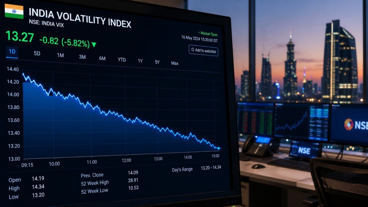 A declining volatility chart representing India VIX closing lower at 11.75 at the end of July 2026