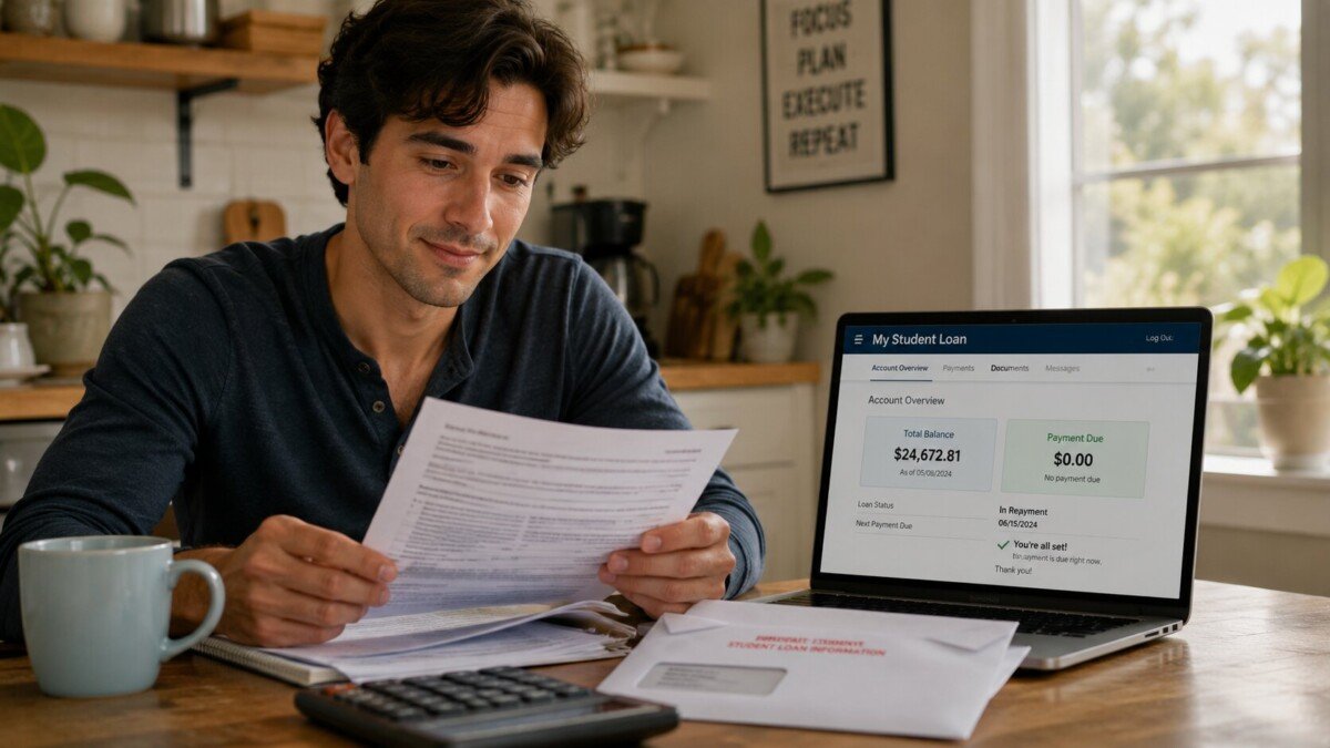 A student loan borrower reviewing paperwork after a court ruling on debt cancellation for defrauded borrowers